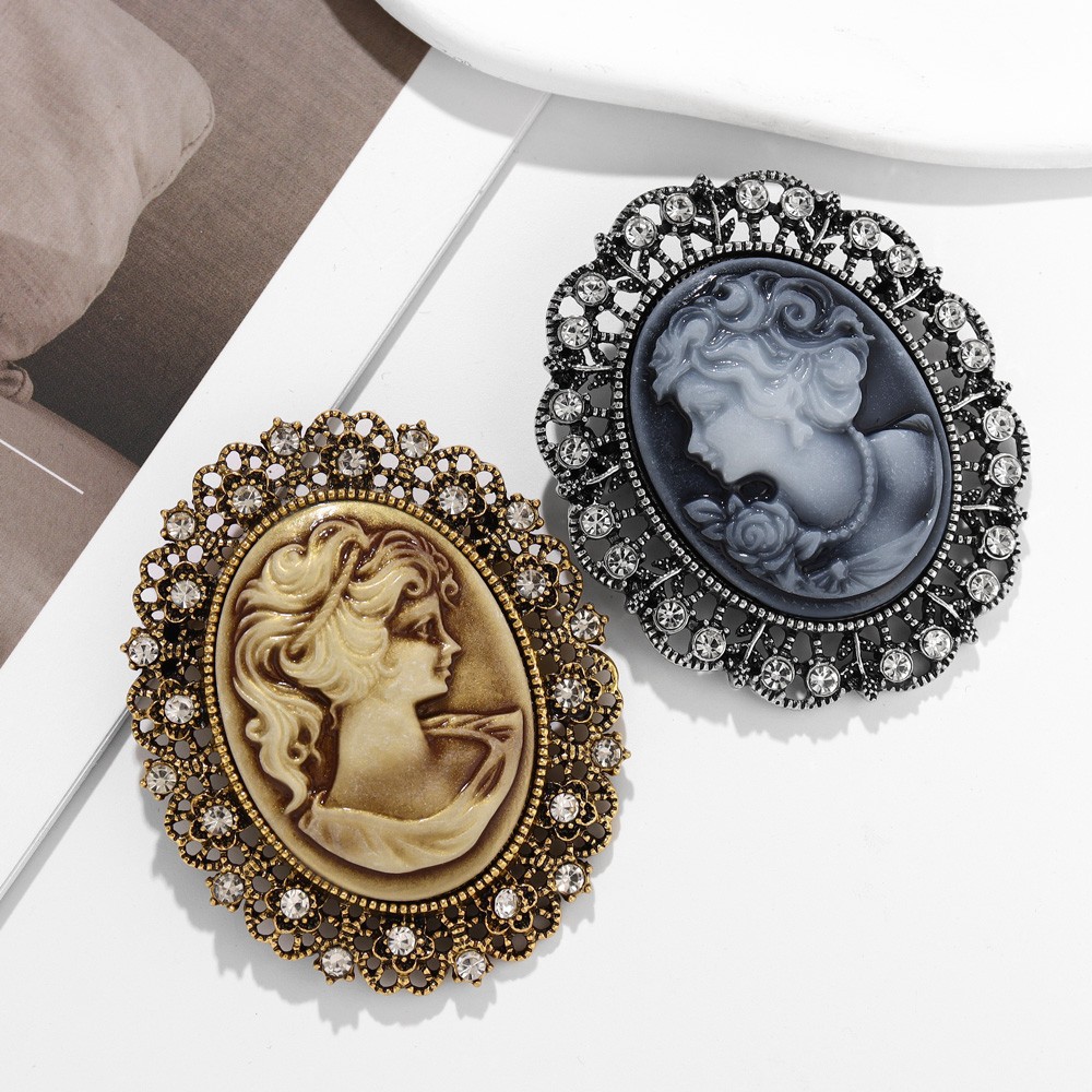 Beauty head gem brooch European and American retro palace fixed pin personalized fashion women's clothing coat accessories accessories