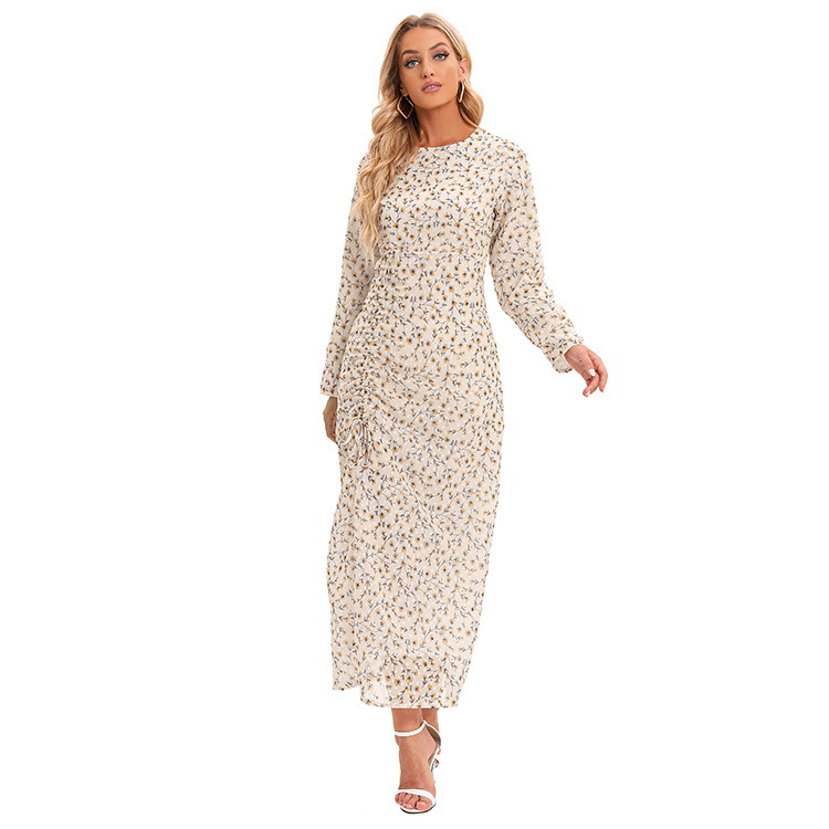 Floral Print Long Sleeve Maxi Dress Wrap Style with Drawstring Waist Chiffon Fabric for Women Size S to XXL_voghion.com