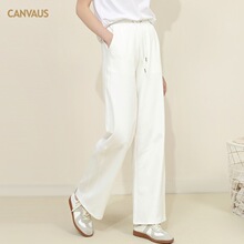 CANVAUS休闲裤女春夏新款白色裤子气质时尚抽绳松紧中腰阔腿长裤