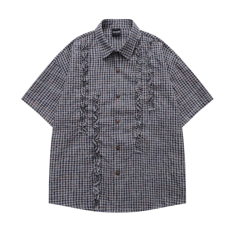 Japanese-Style Trendy Brand Plaid Ruffle Short-Sleeve Shirt for Men and Women, Summer Design Shirt, Casual Versatile Half-Sleeve Top