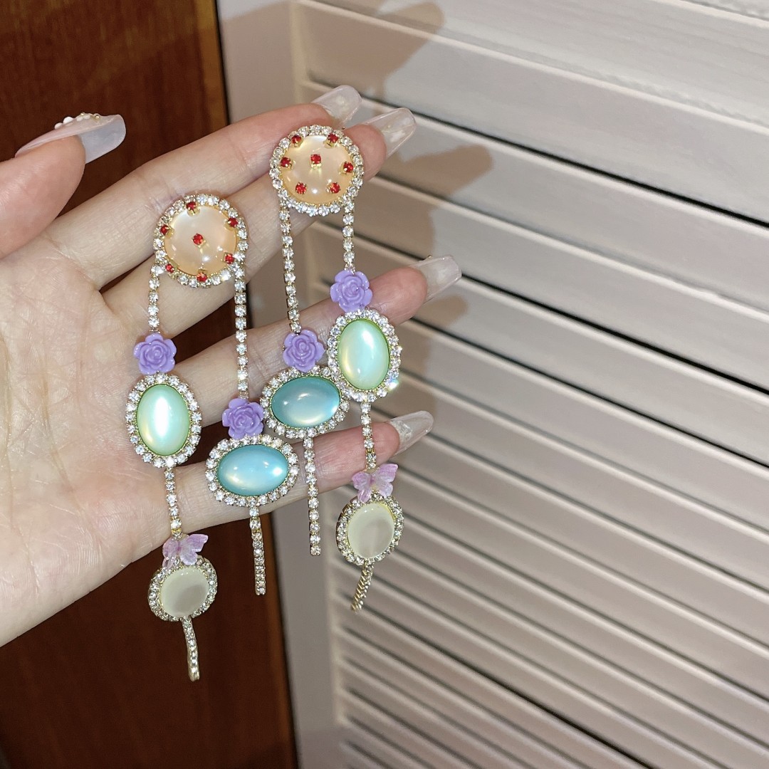 Fashion Flower Bow Knot natural stone Moonstone Inlay Rhinestones Drop Earrings 1 Pair