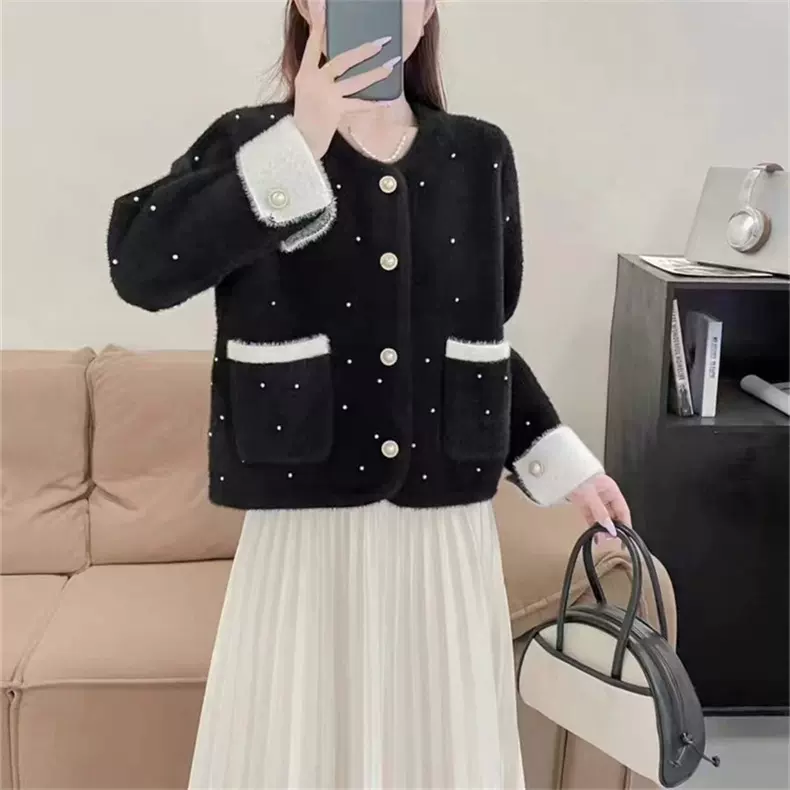 秋冬新款气质温柔风时尚毛衣外套女宽松减龄仿水貂绒针织开衫上衣