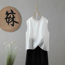 2025年夏季新款纯苎麻花边领无袖衬衫复古文艺休闲舒适女式套头衫