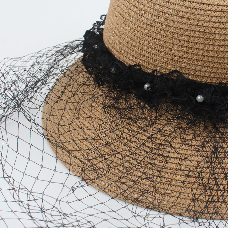 Fashion Pearl Net Yarn Sunshade Straw Fisherman Hat display picture 2