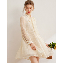 2025春夏新款系带小立领蛋糕裙甜美A型钉珠装饰长袖女裙子连衣裙