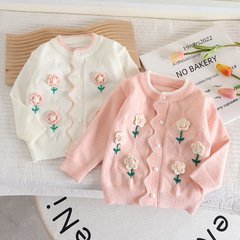 Girls Knitted Cardigan 23 New Style Baby Girl Flower Handmade Sweater Coat Fashionable and Cute Children's Sweater Spring and Autumn 