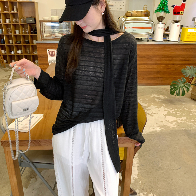 夏装实拍图飘带宽松圆领长袖T恤女2025新款夏季轻薄微透防晒罩衫|undefined