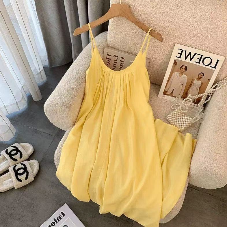 New French-Style Yellow Spaghetti Strap Dress Women's Summer Dopamine Loose Fairy Long Dress