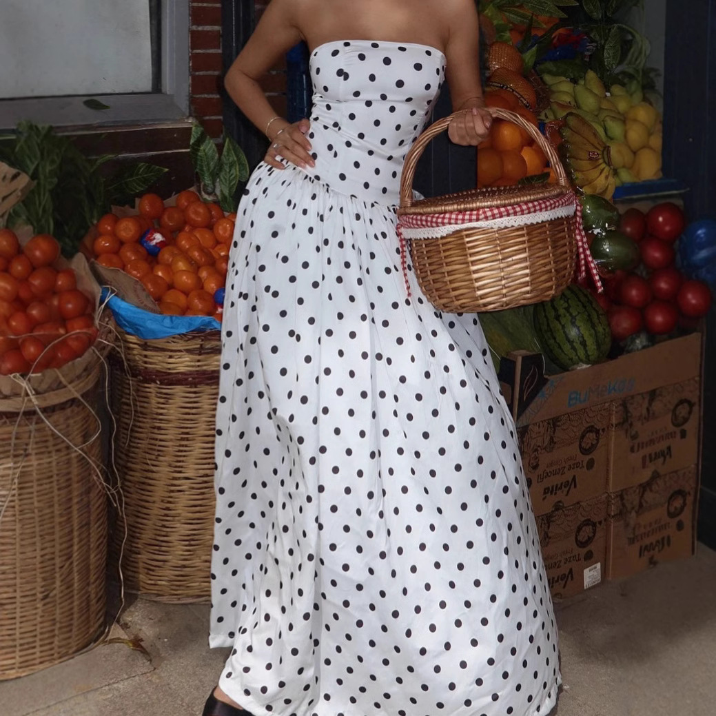 Summer New Arrival Polka Dot Retro Strapless Dress For Women American Style Off Shoulder High End Fashionable_ecoleips.com