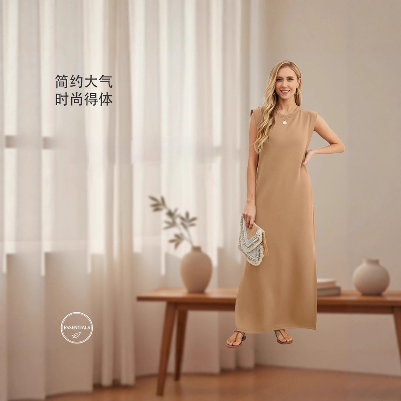 2025 New Normcore Style Sleeveless European and American Cross-Border Pure Color Loose Slimming Look High Draped French Style Dress
