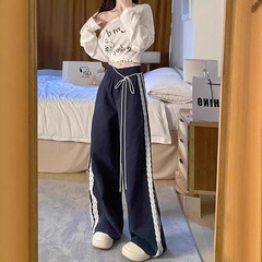 韓国のストライプレースのワイドレギンスの女性2025秋の新型のウエストのカジュアルなズボンのストレートの長いズボンの潮
