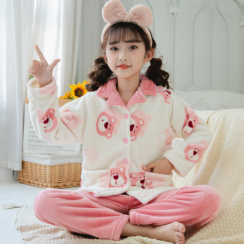 Children's Pajamas Winter Coral Velvet Girls Autumn and Winter Flannel Medium and Large Kidsren Boys Fleece-Lined Thickeneded Home Clothes Set
