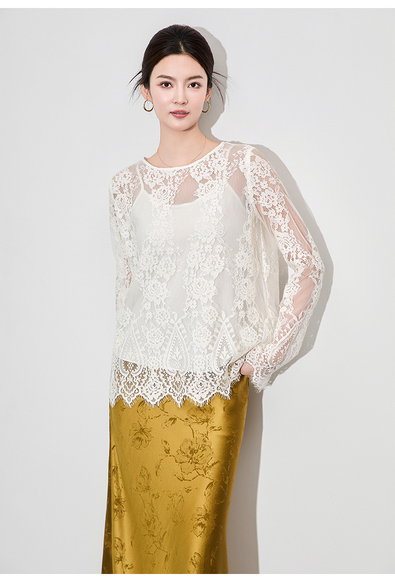 Áo sơ mi ren jacquard phong cách Pháp thanh lịch tay dài — Màu hồng chi tiết 17