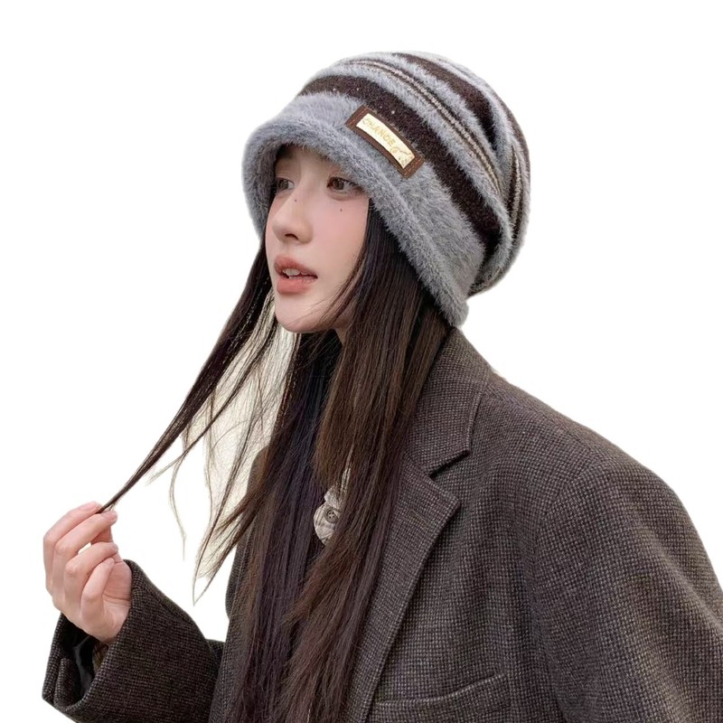 秋冬新款堆堆帽冷帽女护耳保暖包头帽子女士时尚条纹针织毛线帽潮|undefined