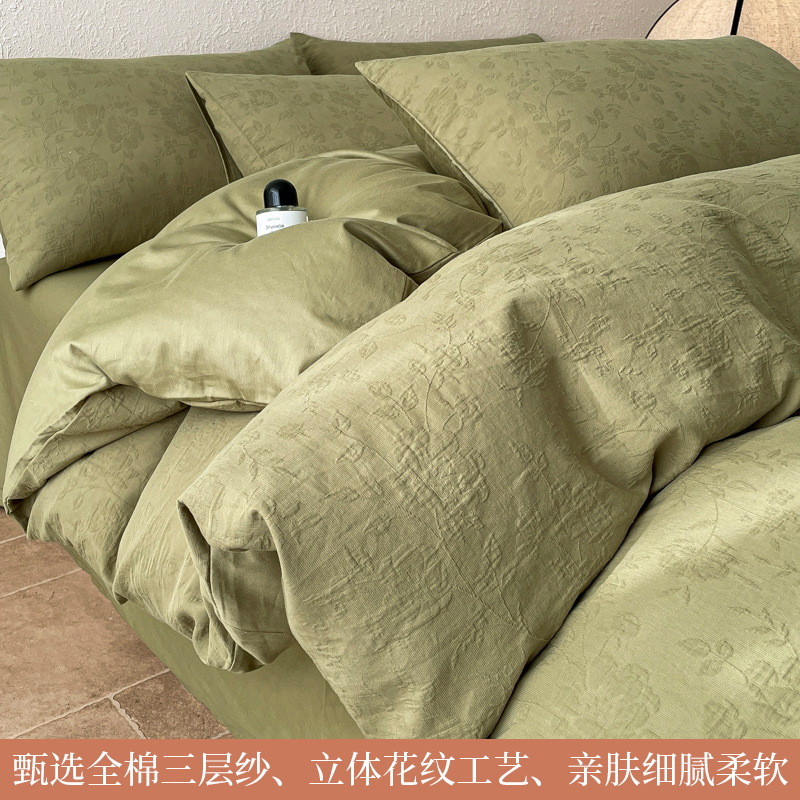 Cama de hilo de doble capa de algodón de cuatro piezas, sábana de algodón grueso, funda de edredón, dormitorio individual, traje de tres piezas 2025 nuevo 3