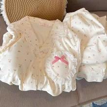 新款甜美碎花睡衣女秋冬季加厚德绒长袖长裤套装少女可外穿家居服