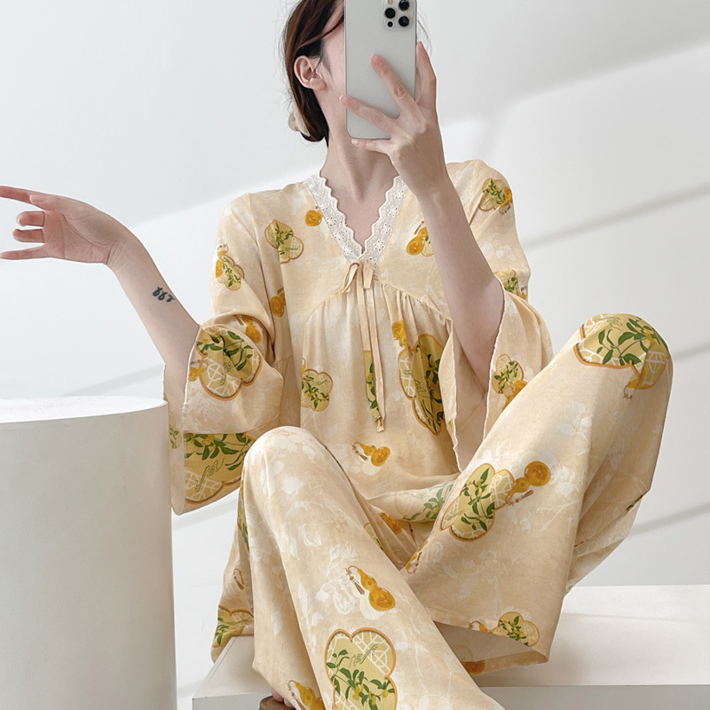 Summer Women's Cotton Silk Pajamas with Fresh Lemon Print, Three-Quarter Sleeves, V-Neck, Cool and Loose-Fitting Home Wear Set