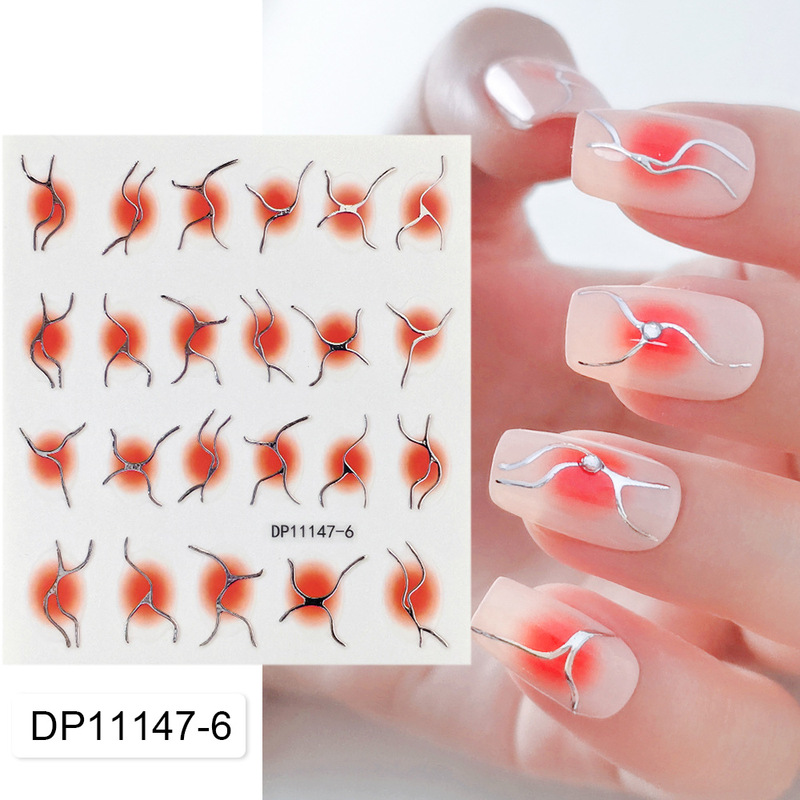 New sweet and cool style nail stickers with blush gradient abstract lines, heart-shaped metallic adhesive waterproof nail stickers wholesale
