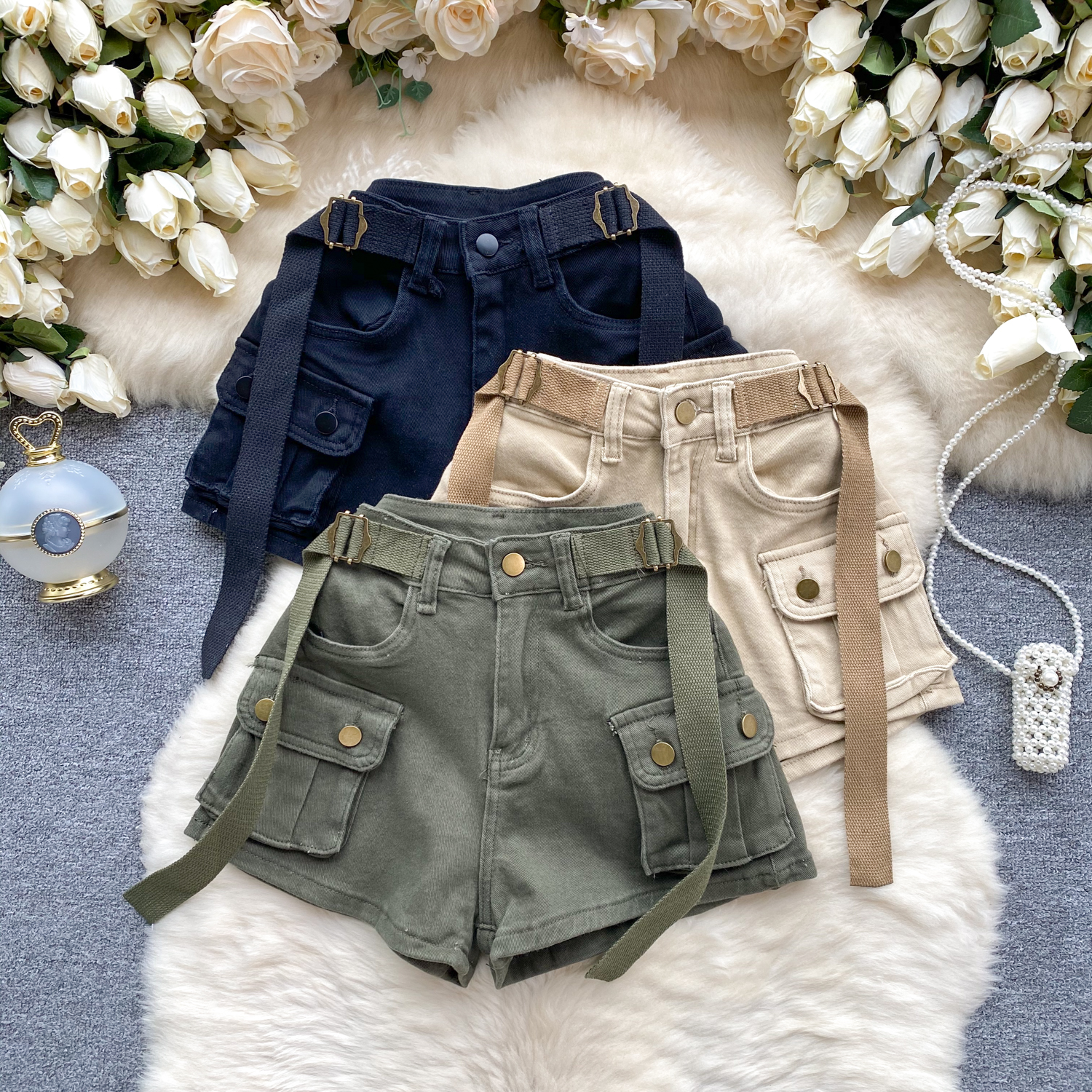 Chic Hong Kong Style Retro Tooling Big Pocket Slim-fit Short Design Sense Jeans Hot Girl Style Shorts Women's Trendy Hot Pants