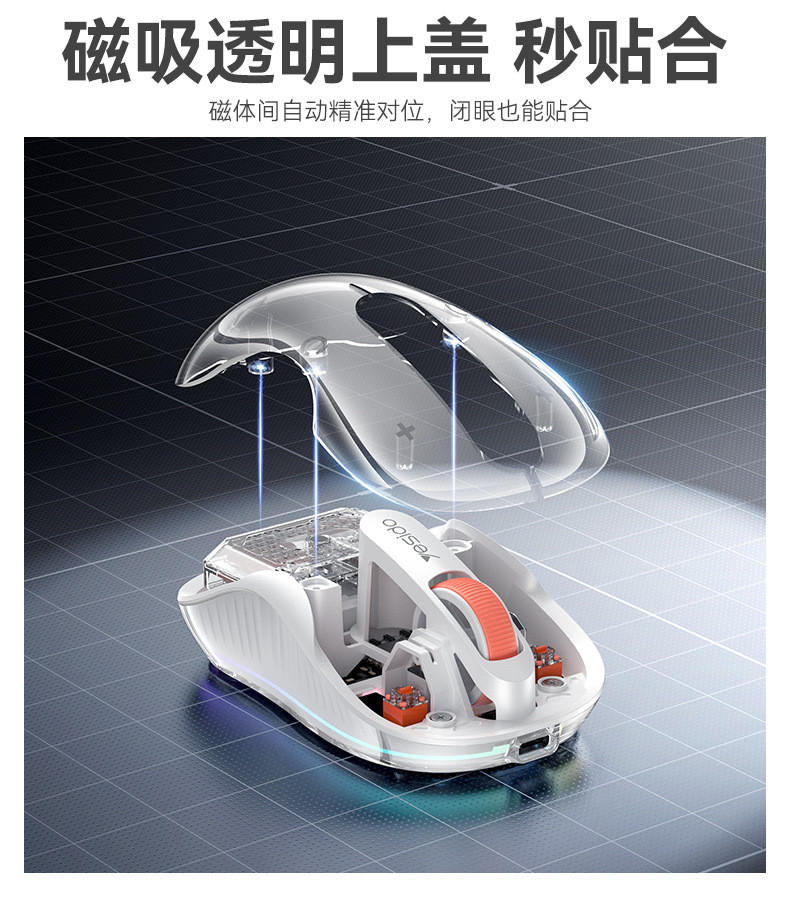 yesido笔记本电脑鼠标 透明三模无线蓝牙鼠标人体工学 磁吸充电式