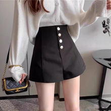 十三行黑色短裤女2024春夏季新款大码胖mm阔脚裤高腰单排扣A字休