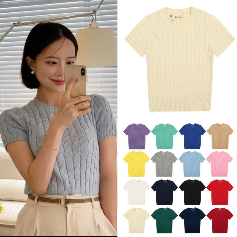 Rl Ralph Lauren Logo Embroidered Twist Knit Polo Round Neck Short-Sleeve Women's Cotton Knit Top Fresh and Sweet