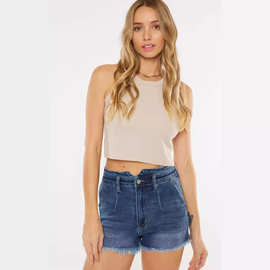 欧美亚马逊2024春季高腰显瘦毛边A字裤洗水牛仔短裤女显瘦设计