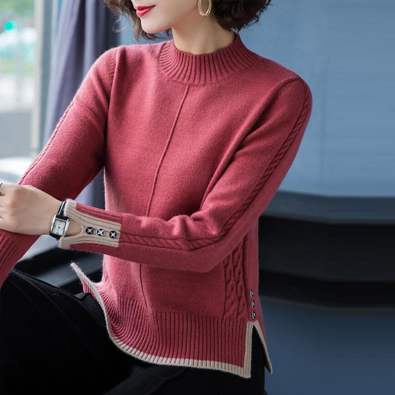 Spring and Autumn New Style Half-High Collar Solid Color Pullover Sweater for Women, Korean Style Slim Fit with Split Cuffs and Buttoned Pullover Knitwear for Women