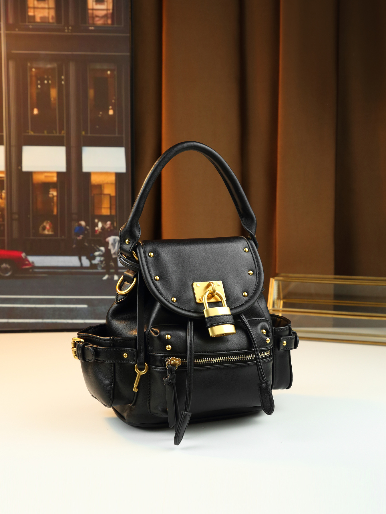 Borsa a mano retrò con lucchetto borchiato, media, multifunzionale, da donna, a tracolla, zaino da pendolare, in pelle PU con cerniera_voghion.com