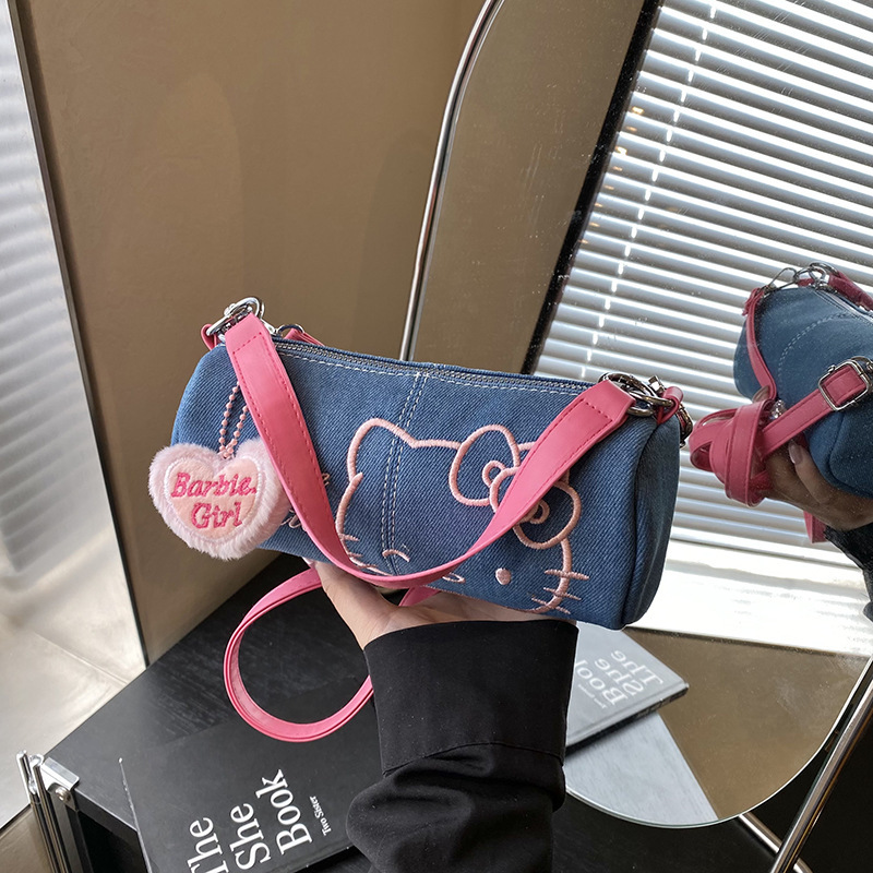 かわいい新しいデニムキティ通勤刺繍バッグポータブルストレージ外出コントラストカラーポータブル小さなバッグ|undefined
