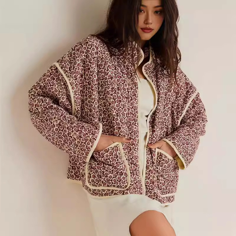 European and American style autumn and winter new small floral loose quilted warm cotton coat coat women's lightweight sweet cotton coat jacket