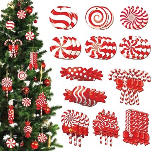 Christmas Wooden Decorations Red Hanging Ornaments Mint Candy Cane Lollipop Pendant New Year Holiday Family Party