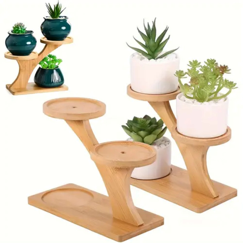 ラベル付き天然竹製植物スタンド、デスクトップ多層フラワースタンド、リビングルームオフィスフラワーポットスタンド、北欧スタイル|undefined