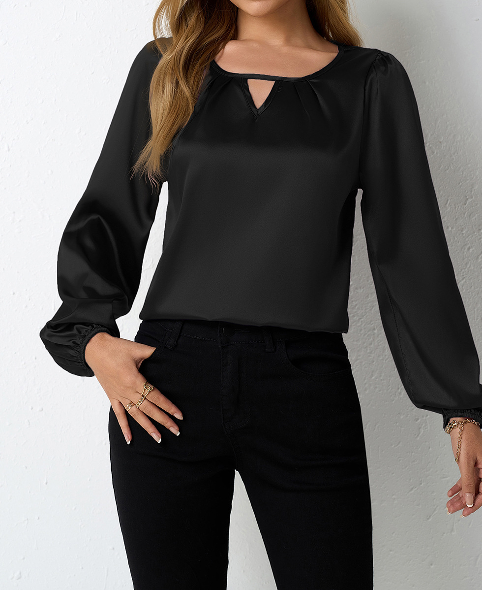 Satinbluse Damen Langarm Elegante Faltenbluse Oberteil_voghion.com