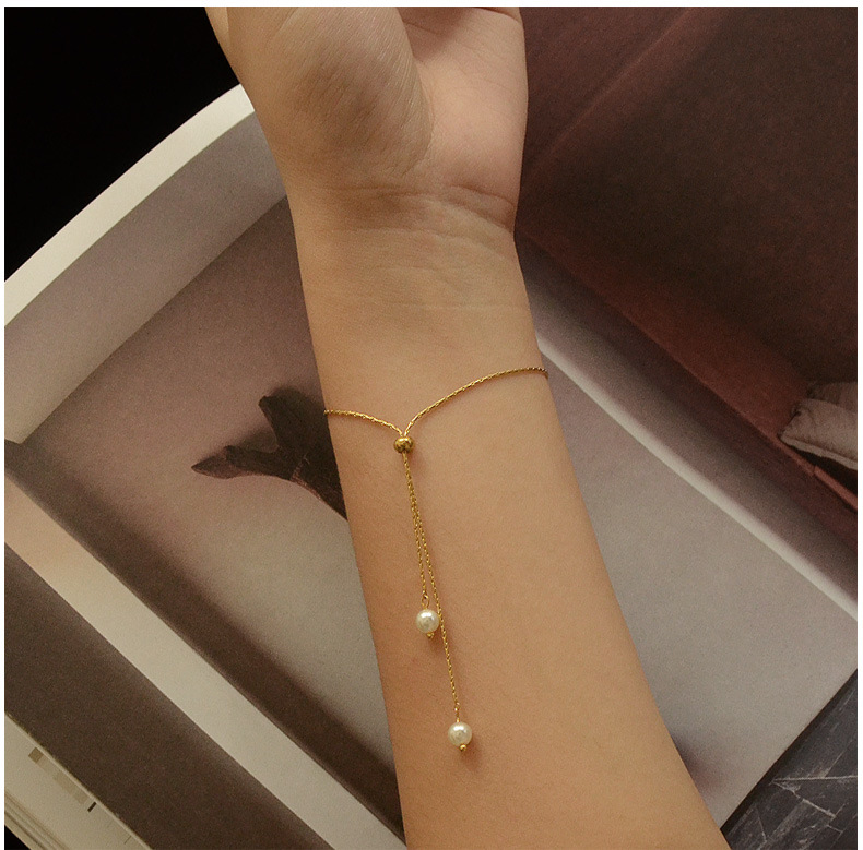 Niche design trendy pearl necklace bracelet vertical square chain pull titanium steel jewelrypicture4