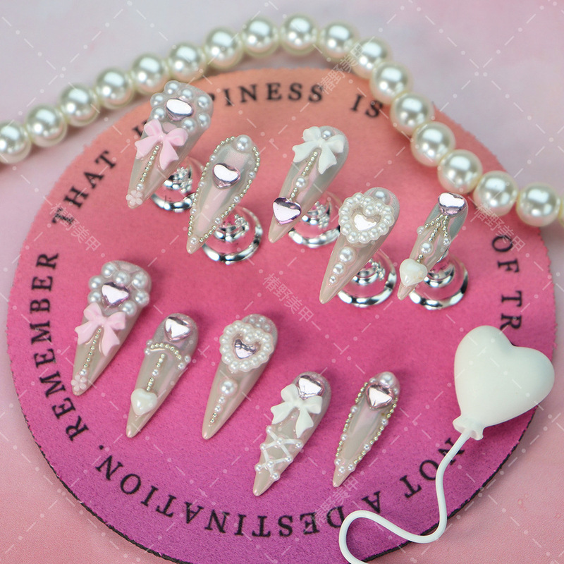 Wholesale Handmade Nail Patches Ins Korean Style Ballet Girl Bow Pearl Heart European and American Cross-Border Wearable Nails