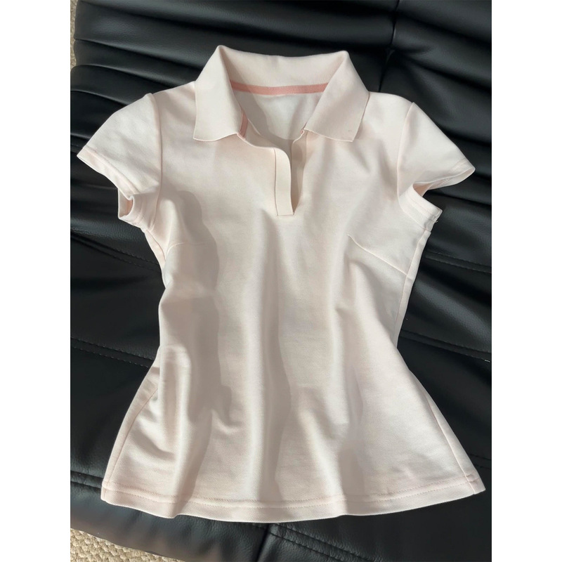 Pink Polo Shirt Short-Sleeved T-Shirt for Women Summer Petite Right Shoulder Waist Slimming Look Lapel Pure Cotton Slim Top Half-Sleeved