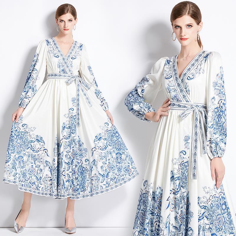 Original Spot 2023 Autumn V-Neck Ethnic Long Sleeve Printed Long Dress with Tie-Up Waist