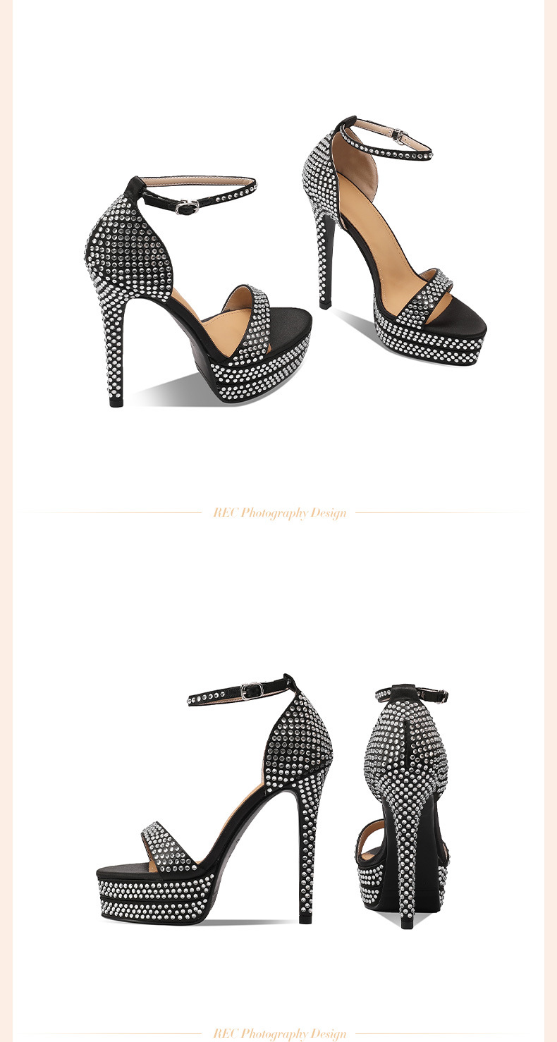 Sandal cao gót nữ đính đá phong cách châu Âu, đế dày platform, gót siêu cao 12 cm — Màu đen chi tiết 16