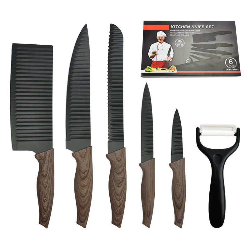 Venta directa de cuchillos de cocina traje cola de milano mango patrón de onda de seis piezas conjunto de cuchillos de cocina caja de color caja de regalo en stock