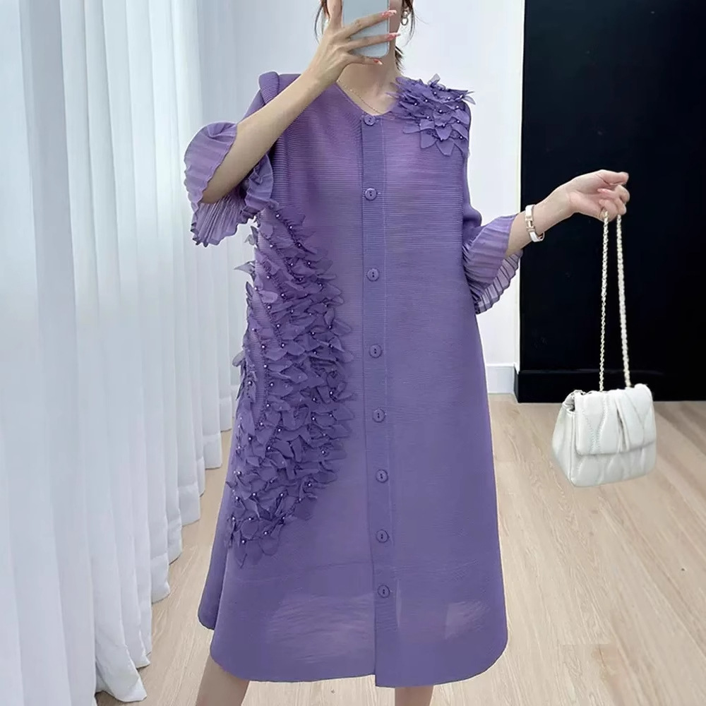 宅同款新款夏季圆领中长款立体花开衫连衣裙日韩休闲韩系风A字裙