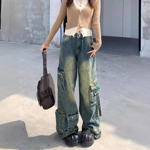 Cross-border American retro high street multi-pocket workwear jeans for women Y2K street straight leg wide-leg floor-length pants