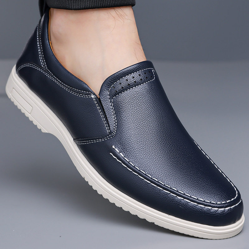 Giày lười nam cỡ lớn may thủ công, giày da casual xỏ chân, đế bằng, mũi dẹt — Màu xanh dương, màu đen