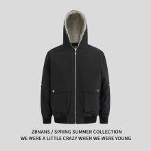 美式复古街头重磅毛绒连帽开衫夹克飞行员工装夹棉保暖情侣棉服男