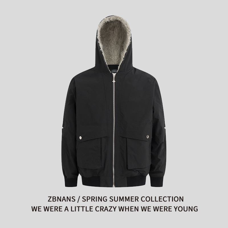 美式复古街头重磅毛绒连帽开衫夹克飞行员工装夹棉保暖情侣棉服男