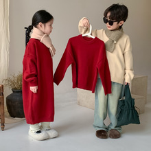 童毛衣2024冬男童女童韩版纯色毛线衣儿童休闲红色针织年服兄妹装