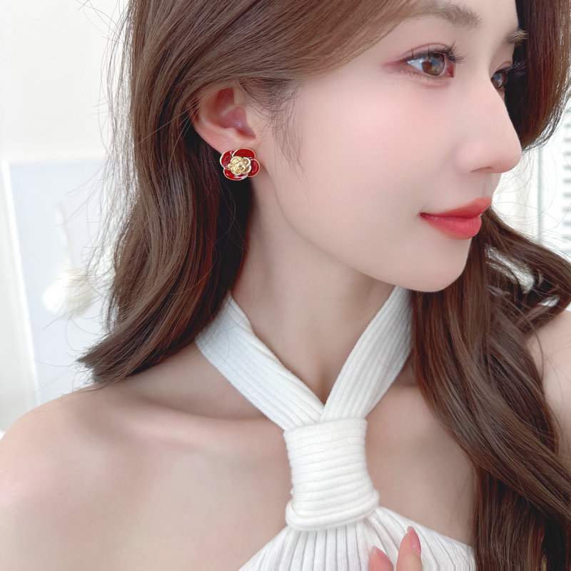 S925 Silver Needle Niche Premium Flower Earrings Ankola Red Camellia Stud Earrings_voghion.com