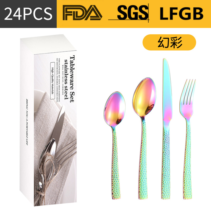 Productos de Amazon cubiertos de acero inoxidable 16 / 24 piezas con mango cuadrado engrosado cuchillo de filete cuchara de cuchillo de tenedor de agua cubo de comida occidental