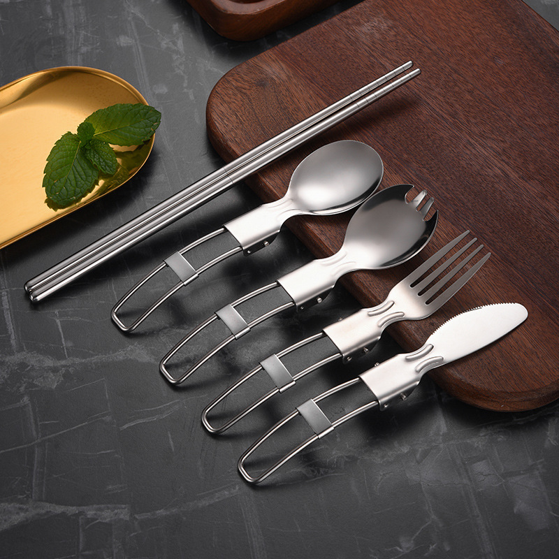 304 Stainless Steel Folding Knife, Fork, Spoon Tableware Salad Spoon Fruit Fork Detachable Chopsticks Outdoor Portable Set Wholesale