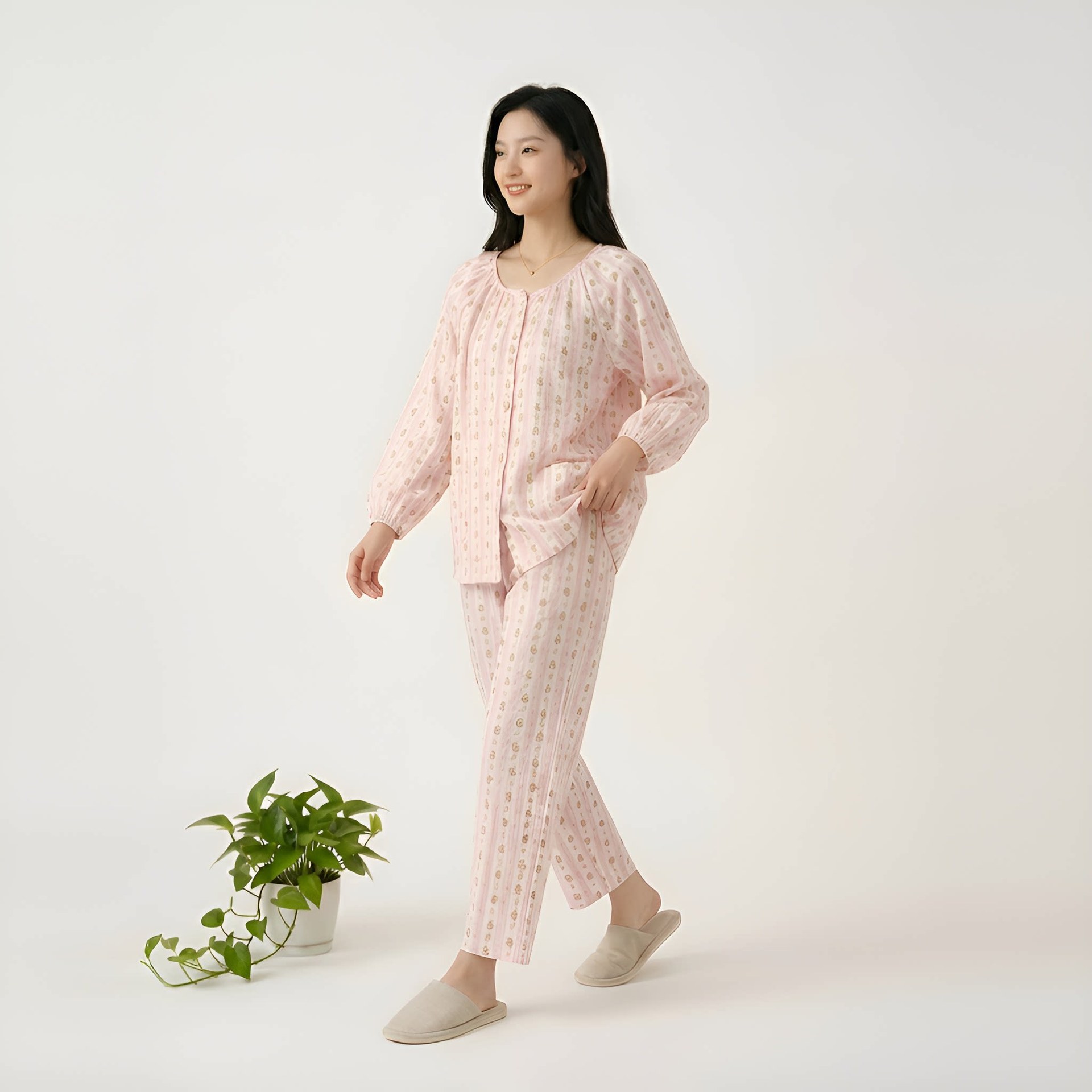 신상 캐릭터 세로 줄무늬 곰돌이 순면 이중 거즈 산후복 봄 가을 임신 후 수